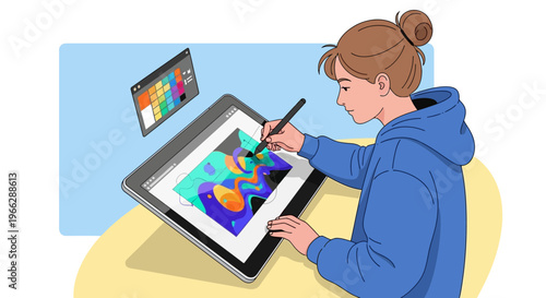 Woman using digital drawing tablet computer.