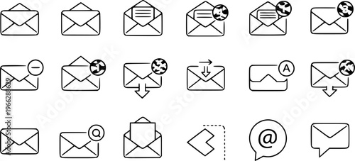 Hand-drawn line art vector icon set of various email and messaging states. Includes closed, open, incoming, outgoing mail, spam, finance, delete, search, message, and contact symbols.