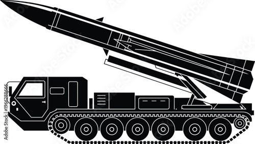 Black silhouette of a tracked military vehicle carrying a large missile on a launch platform missile launcher