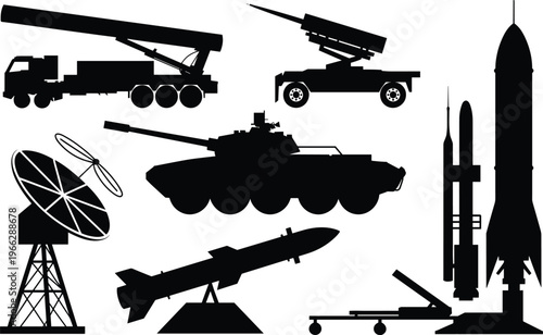 Black silhouettes of advanced military hardware including missile launchers, a tank, radar dish, and rockets, representing defense systems and weaponry