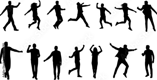 Collection of black silhouettes of diverse people in various dynamic poses, jumping, dancing, and celebrating with joy and energy.