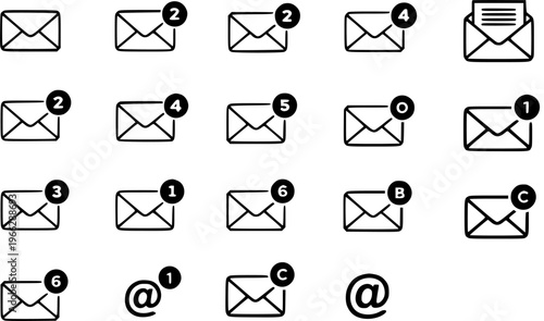 Hand-drawn Sketch Style Email and Message Icons Collection: Envelopes with Notification Badges (Numbers, Letters, Zero)   Symbol for New Mail, Unread Messages, or Email Accounts