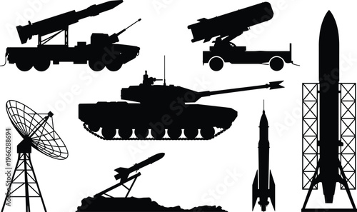 Black silhouettes of military hardware such as missile launchers, a tank, radar dish, and rockets, illustrating defense technology and weaponry in a stark