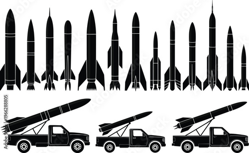 Diverse collection of missile silhouettes and missile launcher trucks in black and white representation