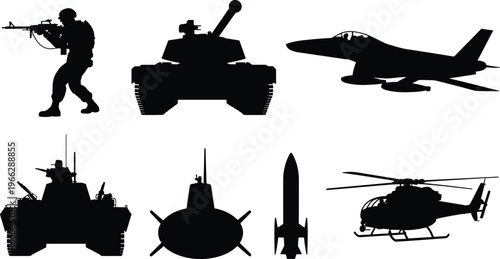 Diverse military equipment silhouettes including a soldier with a rifle a tank a jet fighter an armored vehicle a submarine and a helicopter