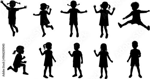 Diverse Silhouettes of Children Playing and Jumping: A Collection of Active Kids in Motion