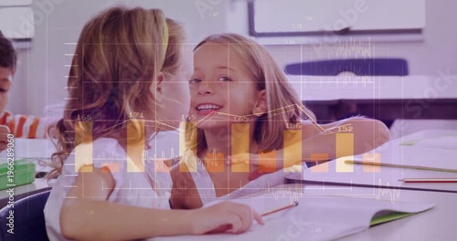 2 girls in class right girl reaching pencil sharing answer left girl pausing bar charts overlaying