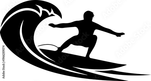 Dynamic silhouette of a surfer riding a powerful wave, perfect for extreme sports branding and vibrant coastal lifestyle designs