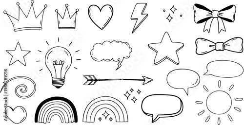 Cute hand drawn doodle elements set with crowns, hearts, stars, light bulb, rainbows, speech bubbles, bows, sun, and sparkle icons.