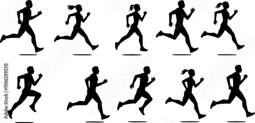 Dynamic Set of Running People Silhouettes: Male and Female Runners in Various Stride Poses, Depicting Movement, Fitness, and Active Lifestyles