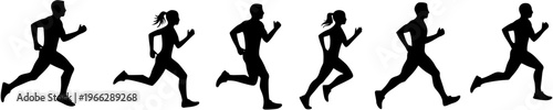 Black Silhouettes of Male and Female Runners in Motion, Representing Exercise, Fitness, and Sport Activities.