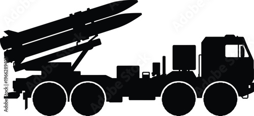 Silhouette of a powerful missile launcher truck with twin missiles elevated, symbolizing military might and defense capabilities