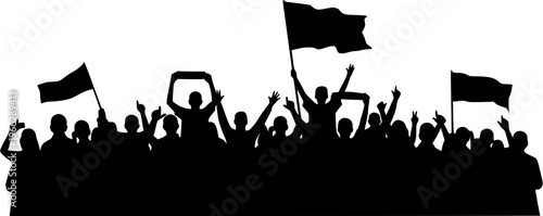 Silhouettes of a diverse crowd cheering or protesting, holding flags and banners with hands raised in unity, depicting a rally, demonstration, or celebration against a white background.