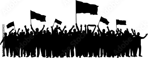 Silhouette of a Crowd of People with Flags Protesting, Demonstrating, and Raising Hands in Celebration