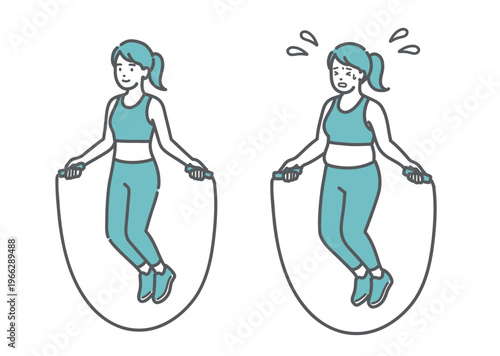 笑顔で縄跳びをする理想体型の女性と苦戦するぽっちゃり体型の女性の比較セットイラスト