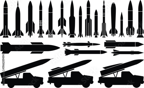Silhouettes of various missiles bombs and rocket launchers on trucks showcasing missile defense systems and aerial bombardment capabilities