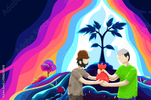 A Muslim man pays zakat fitrah, alms, or shares his blessings during the month of Ramadan with a charity tree in the background. A colorful, faceless vector cartoon illustration for banners