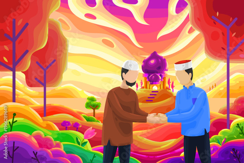 Muslim men visiting relatives during the month of Ramadan with a mosque in the background in a warm afternoon and natural scenery. Colorful faceless vector cartoon illustration for banners
