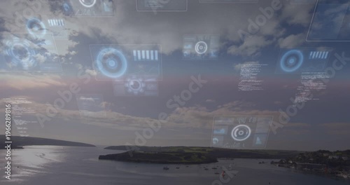 Starting HUD boot from above coastal bay with island and moored boats getting drifting HUD overlays