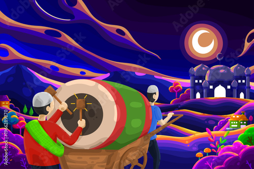 Young Muslim men are waking people up to perform sahur before the morning prayer for fasting in the month of Ramadan with a natural landscape of moonlight at night and a mosque as a background.