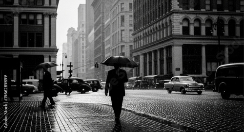 Man walking on rainy city.