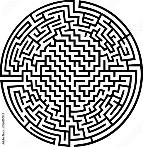 Complex circular maze puzzle offering an engaging challenge for problem solving minds and strategic thinking skills development in black and white