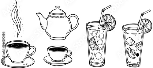 Hand-drawn outline beverages set: hot coffeetea cups with steam, teapot, and refreshing iced lemonade glasses with lemon slices and straws.