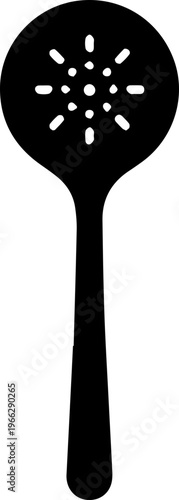 Elegant black silhouette of a slotted spoon, a versatile kitchen utensil for straining and serving food with style and practicality