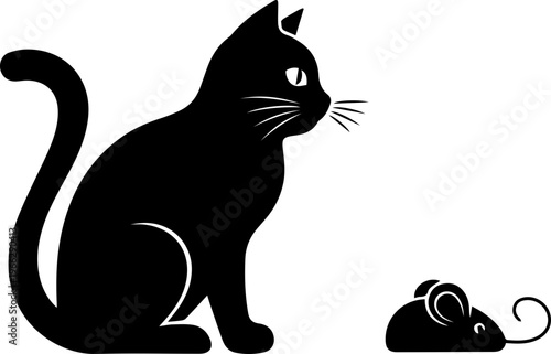 Sleek black cat intently watches a playful mouse, capturing a classic moment of anticipation and natural instinct