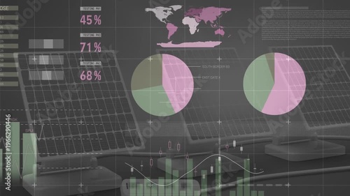 HUD fading in over bench, overlaying charts and pies animating, visualizing panel performance data