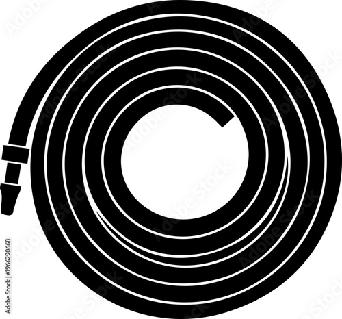 Photos Neatly coiled black garden hose ready for watering tasks, symbolizing outdoor convenience and summer chores