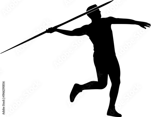 Dynamic silhouette of athlete preparing to throw javelin in powerful motion, capturing peak athletic performance and competitive spirit.