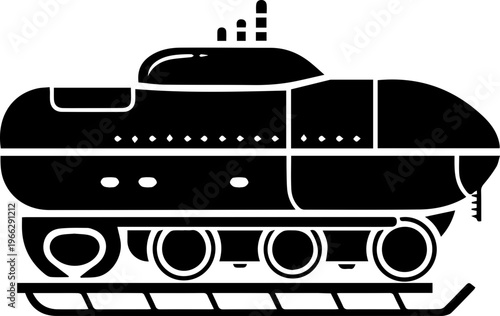 Sleek modern submarine on train tracks ready for adventure, conveying innovation and transport possibilities.