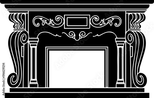 Elegant ornate fireplace silhouette with decorative scrollwork and classic columns offers timeless warmth and luxurious home ambiance