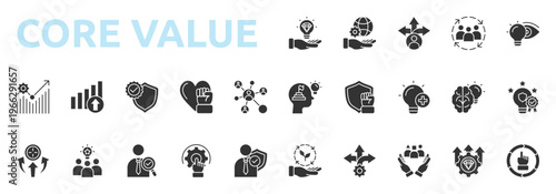 Core Value icon set glyph style with responsibility, guidance, inclusion, vision, development, growth, integrity, passion icons