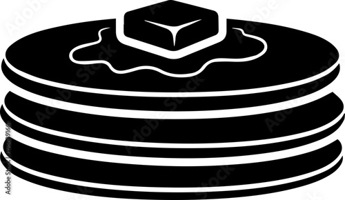 Delicious stack of fluffy pancakes topped with melting butter and syrup, perfect for breakfast advertising and culinary themes.