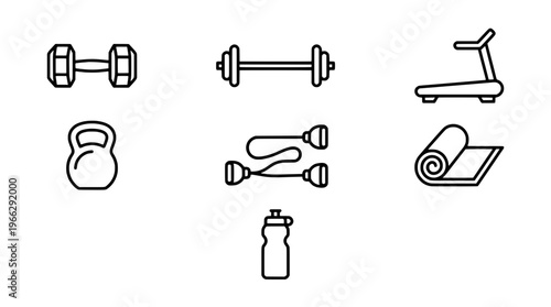 Fitness equipment icons including dumbbells and kettlebell on floor