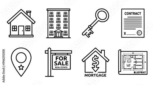 Real estate icons show a house, buildings, key, contract, map, sale sign, mortgage, and blueprint.