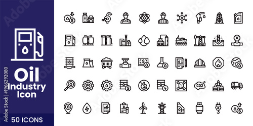 Oil and Gas Industry Icon Set with Fuel, Refinery, Pipeline, and Industrial Energy Vector Collection