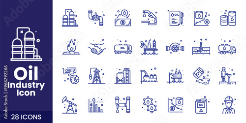 Oil and Gas Industry Icon Set with Fuel, Refinery, Pipeline, and Industrial Energy Vector Collection