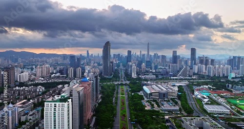 Aerial view of the modern financial district and skyscraper skyline in Shenzhen, China.