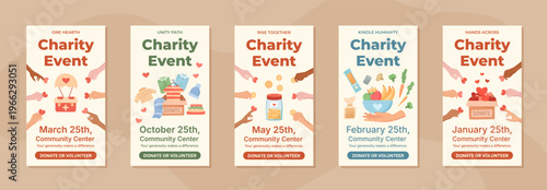 Charity event banner set in warm beige and red colors. Donation poster layout for food and money support by community people volunteer hand. Concept of donate gift help as modern banner template