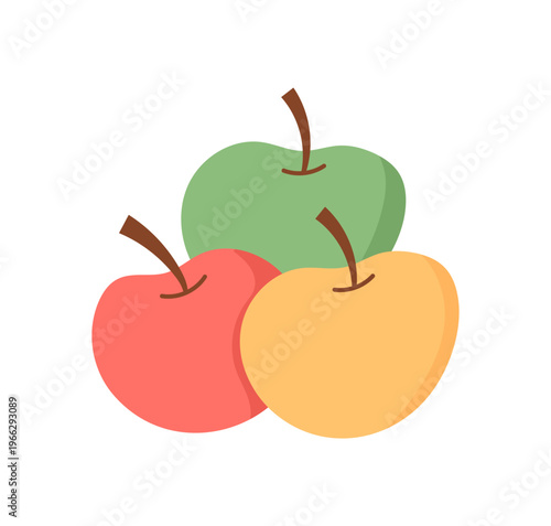 Cartoon healthy food in flat style. Simple fruit gift as cute icon for donate or charity and community support theme. Colorful apple set in red, green and yellow vector as modern graphic asset