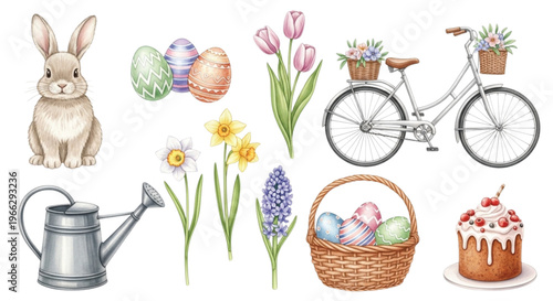 Watercolor Easter Elements Set Bunny Eggs Flowers Bicycle Spring Collection