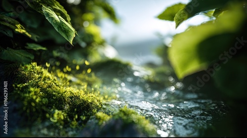 Enchanting Sunlight Filtered Through Verdant Foliage on Mossy Terrain,  creating a Serene Atmosphere