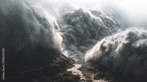 Surreal Avalanche Landscape with Raging River and Misty Cloudscape Above
