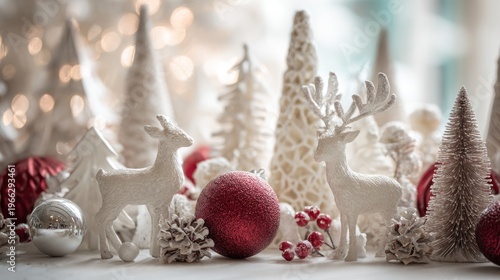 Festive Christmas Decor with Glittering Reindeer and Colorful Ornaments