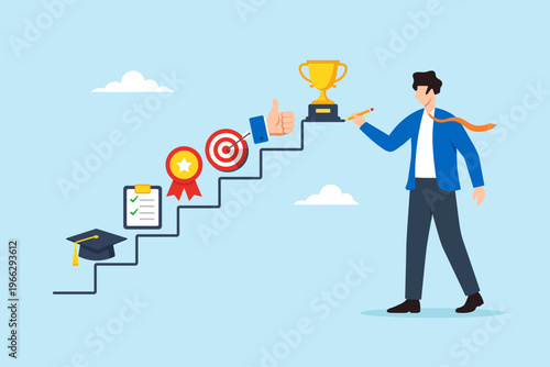 Flat illustration of businessman drawing professional path staircase with pencil connecting graduation cap checklist medal target thumbs up and trophy symbolizing career development and skill growth