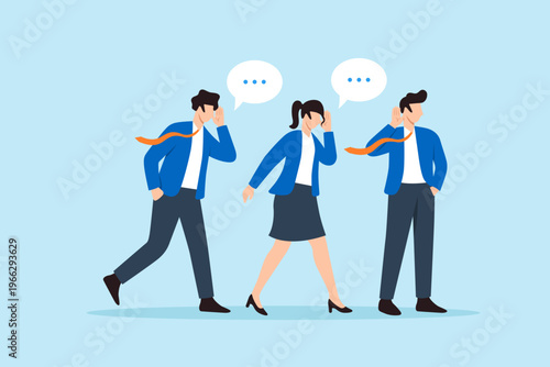 Flat illustration of business people whispering messages while walking together symbolizing office gossip rumor spreading informal communication workplace politics and information distortion