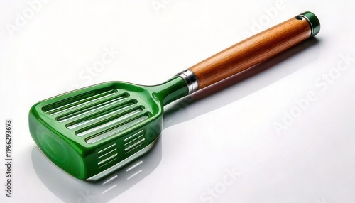 Green Slotted Spatula with Wooden Handle on White Background.